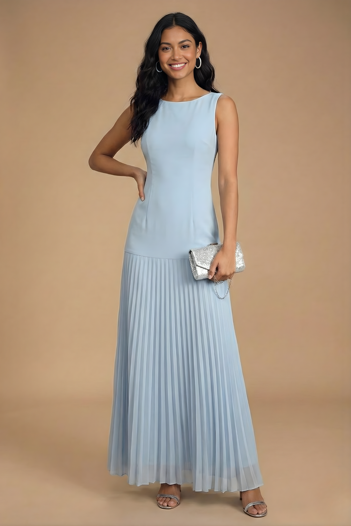 Women's Sleeveless Boat Neck Fitted Bodice Drop-Waist Pleated Maxi Dress for Evening Occasions