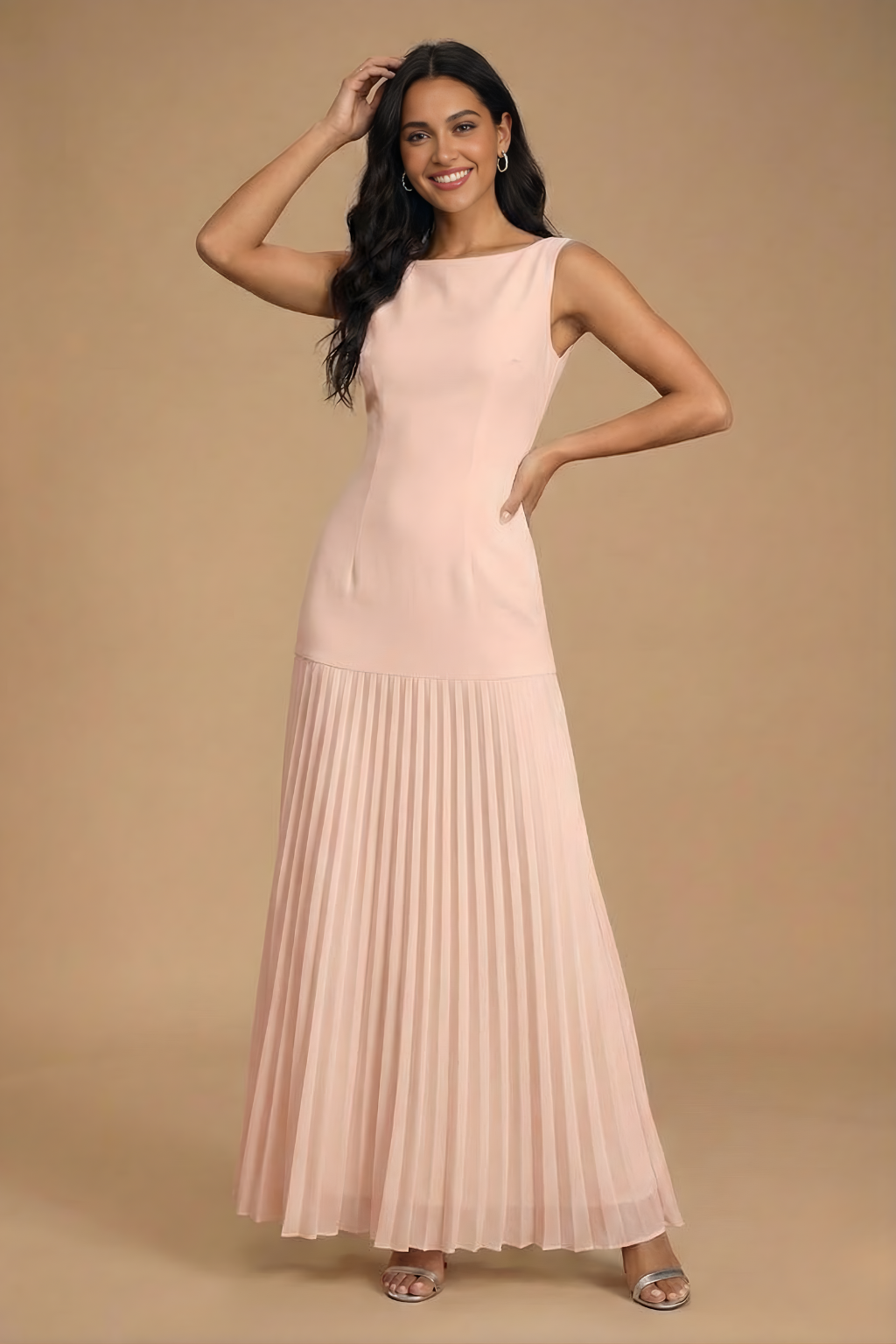 Women's Sleeveless Boat Neck Fitted Bodice Drop-Waist Pleated Maxi Dress for Evening Occasions