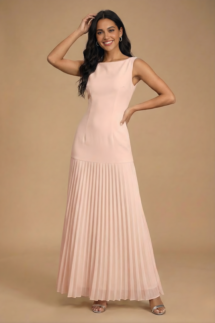 Women's Sleeveless Boat Neck Fitted Bodice Drop-Waist Pleated Maxi Dress for Evening Occasions