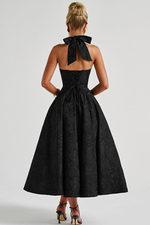 Genevieve™ | Sleeveless Jacquard Maxi Dress with V-Neck Halterneck