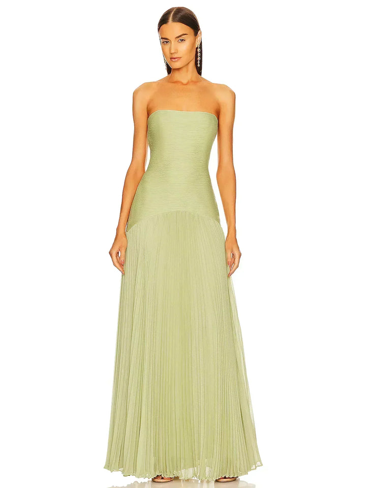 Women’s Strapless Pleated Maxi Dress with Fitted Bodice