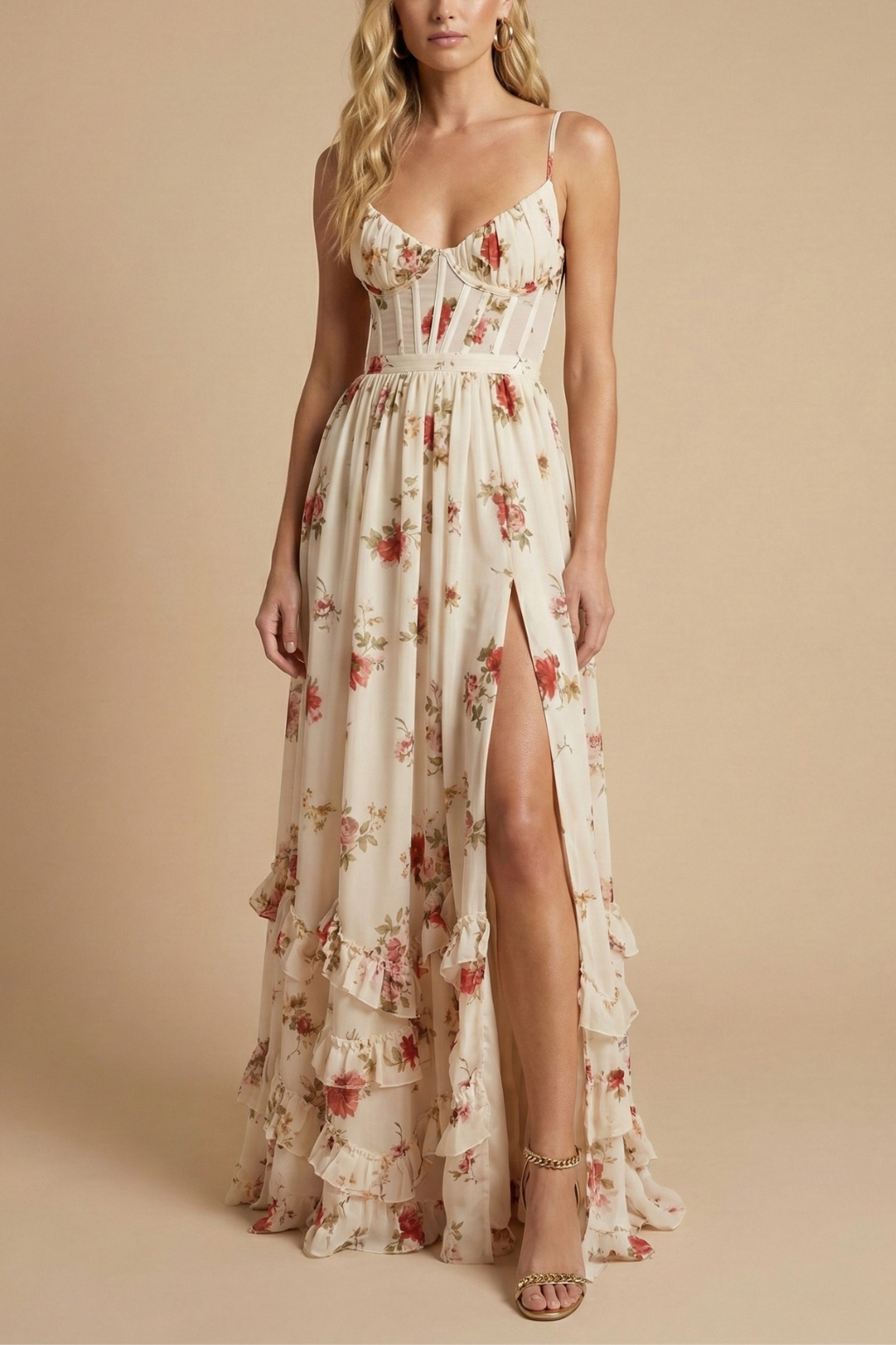 Women’s Floral Print Maxi Dress with Front Slit and Tie Waist