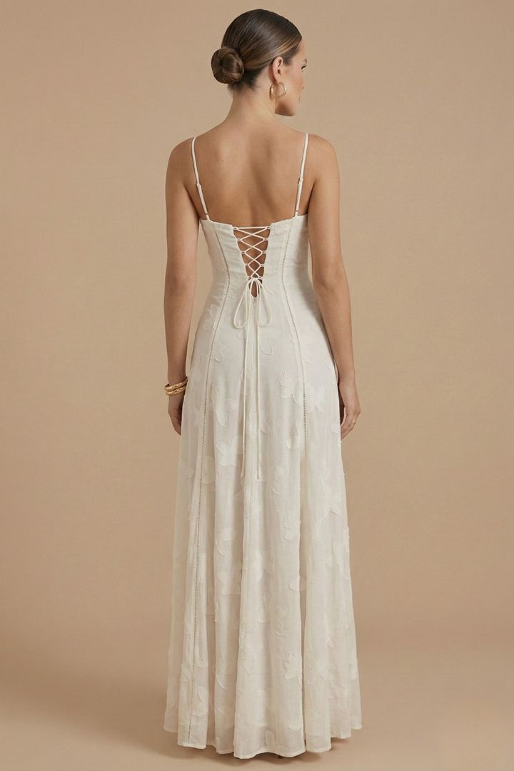 Women's Floral Maxi Dress - Spaghetti Strap Sweetheart Neck Lace Overlay