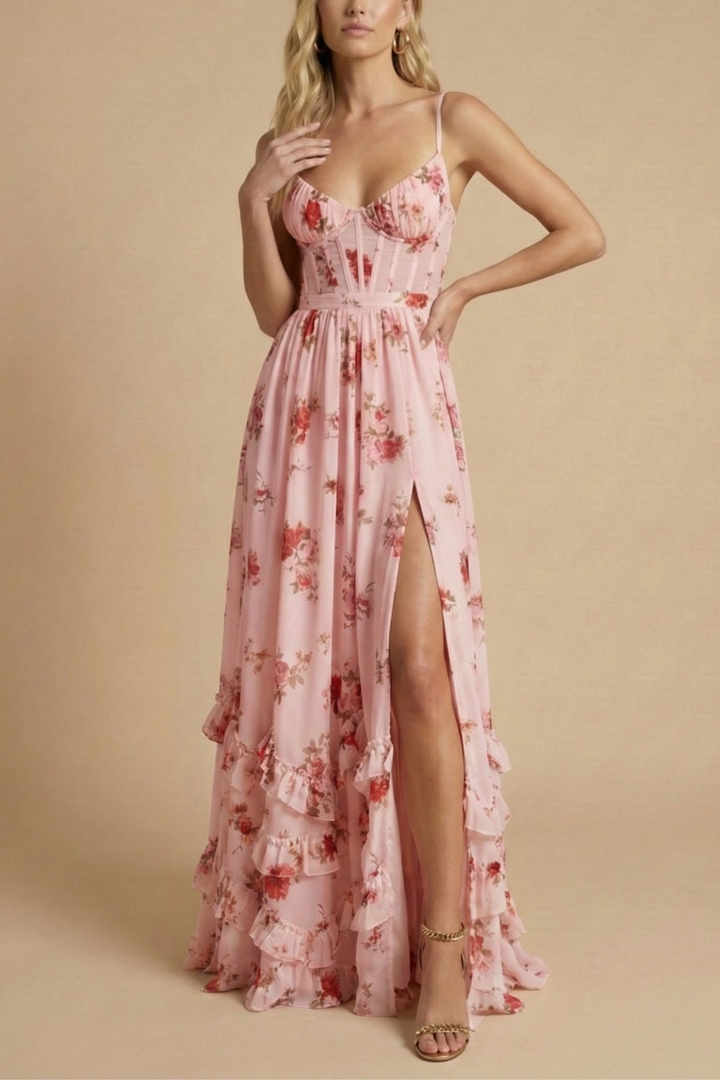 Women’s Floral Print Maxi Dress with Front Slit and Tie Waist