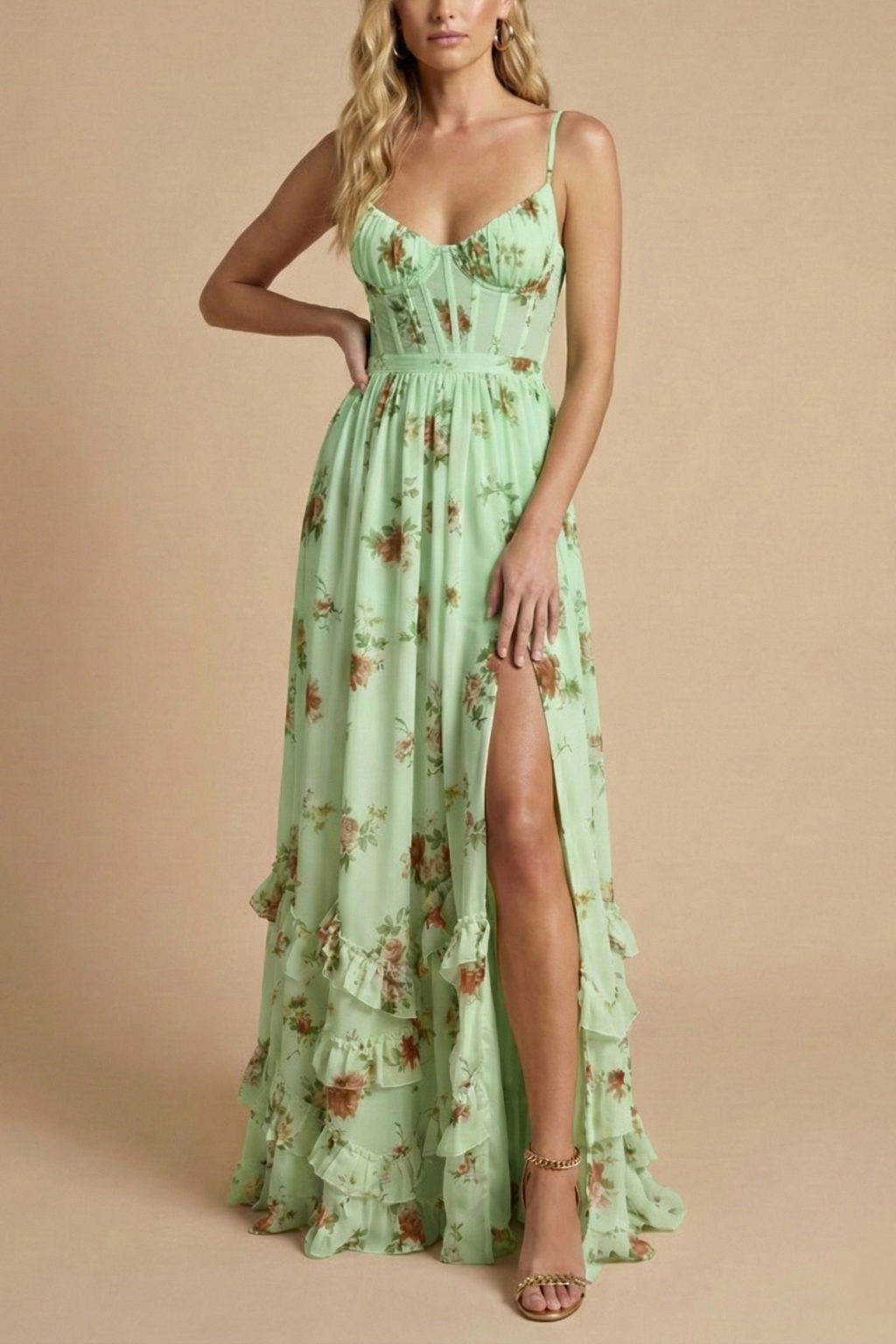 Women’s Floral Print Maxi Dress with Front Slit and Tie Waist