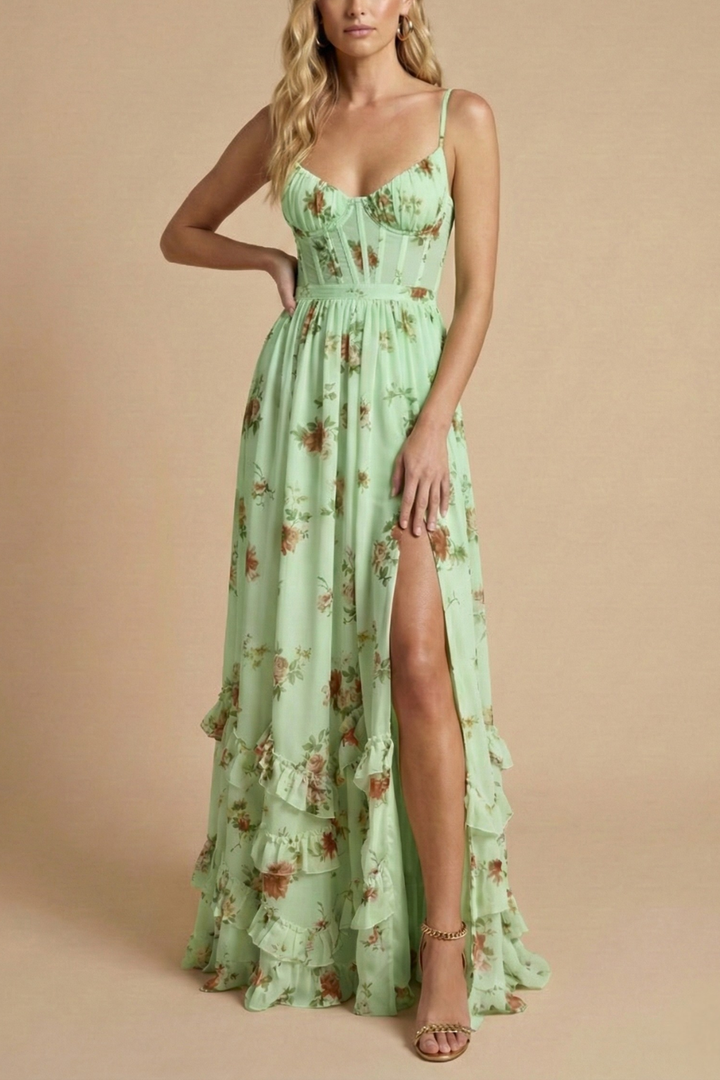 Women’s Floral Print Maxi Dress with Front Slit and Tie Waist