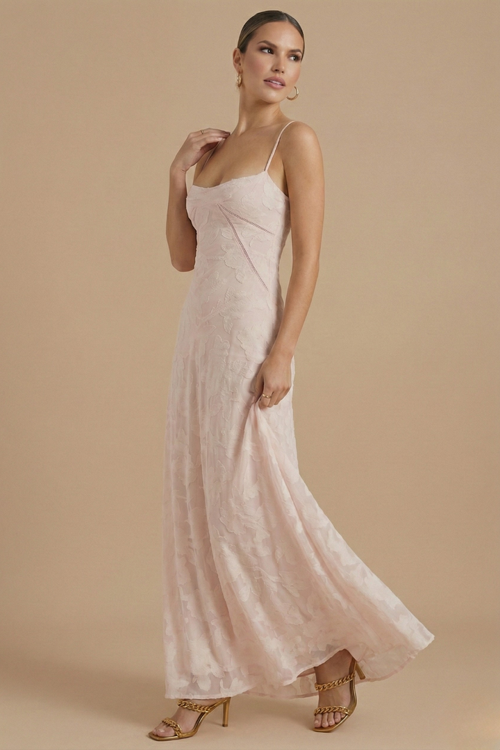 Women's Floral Maxi Dress - Spaghetti Strap Sweetheart Neck Lace Overlay