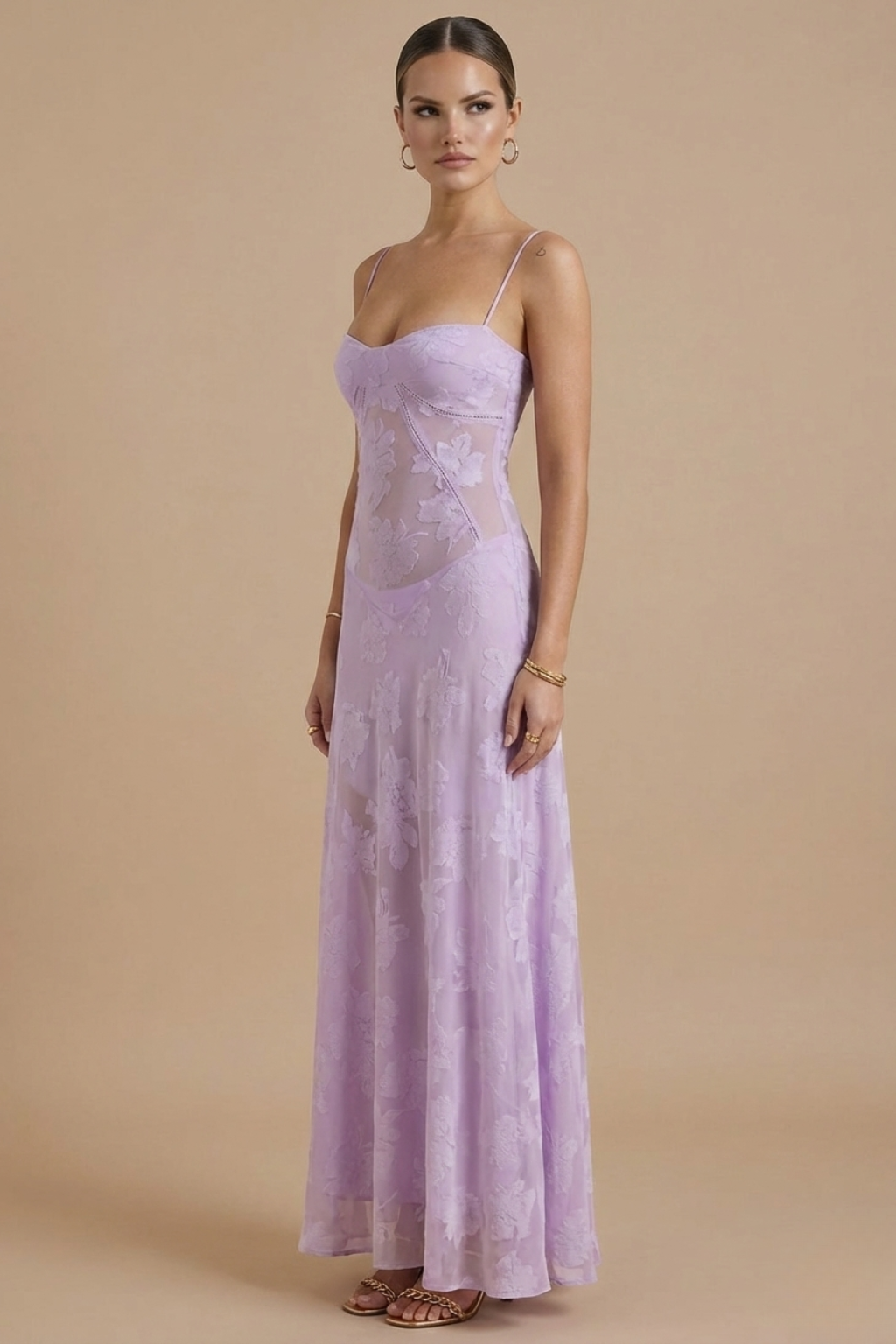 Women's Floral Maxi Dress - Spaghetti Strap Sweetheart Neck Lace Overlay