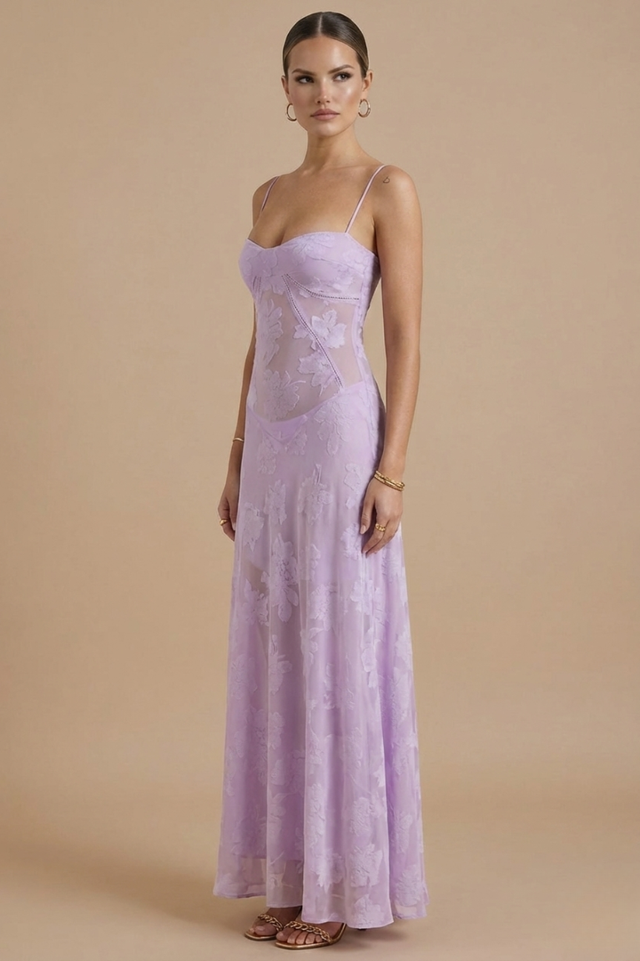 Women's Floral Maxi Dress - Spaghetti Strap Sweetheart Neck Lace Overlay