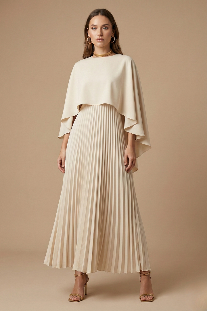 Women's Cape Sleeve Pleated Maxi Dress - Round Neck Floor Length