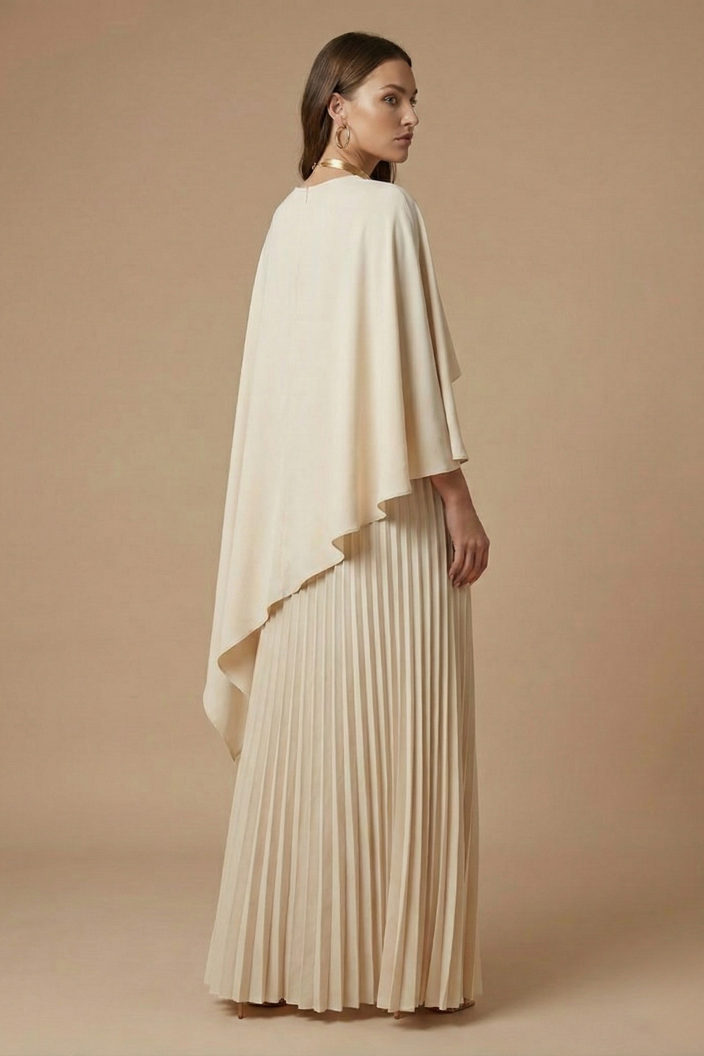 Women's Cape Sleeve Pleated Maxi Dress - Round Neck Floor Length