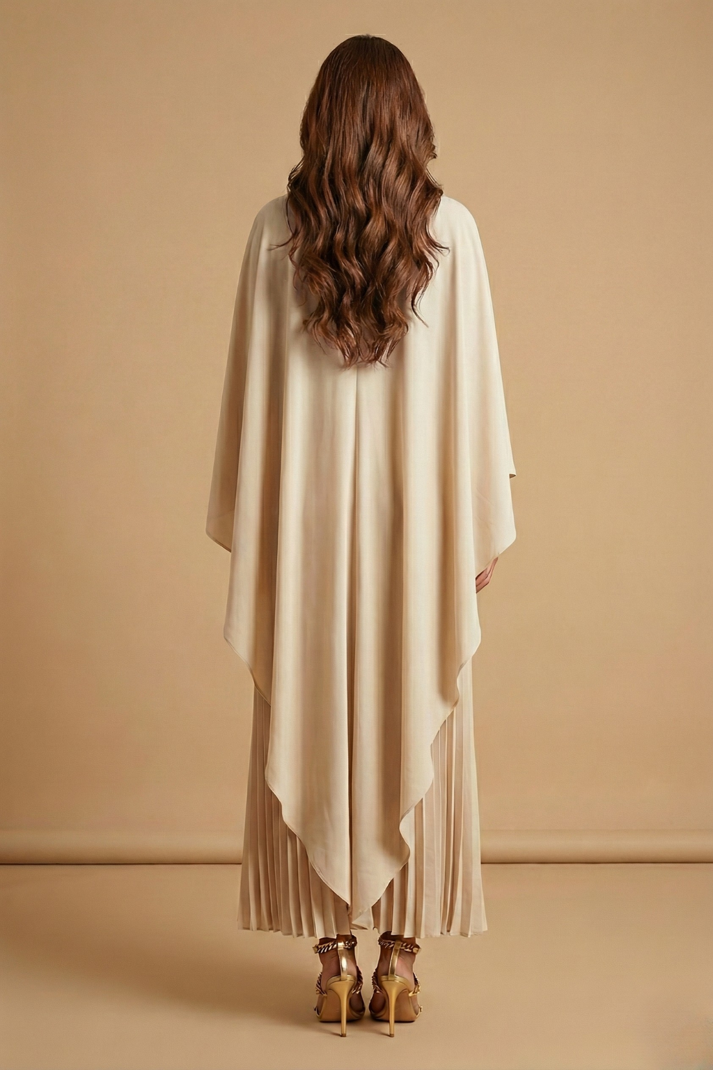 Women's Cape Sleeve Pleated Maxi Dress - Round Neck Floor Length