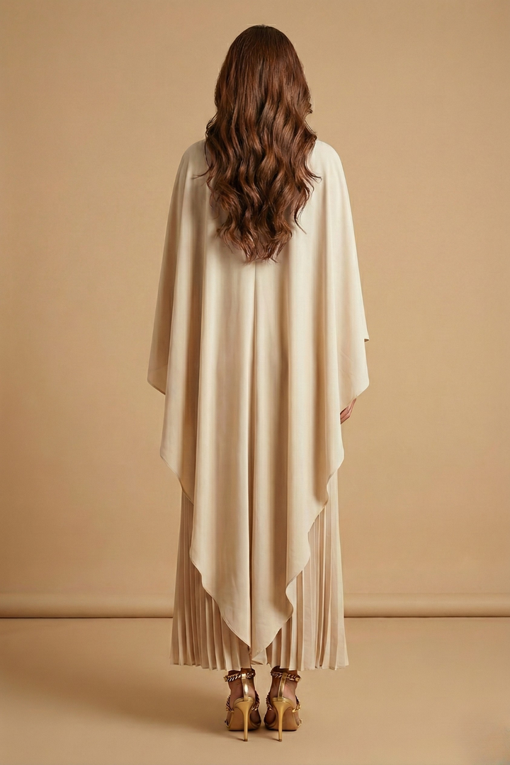 Women's Cape Sleeve Pleated Maxi Dress - Round Neck Floor Length