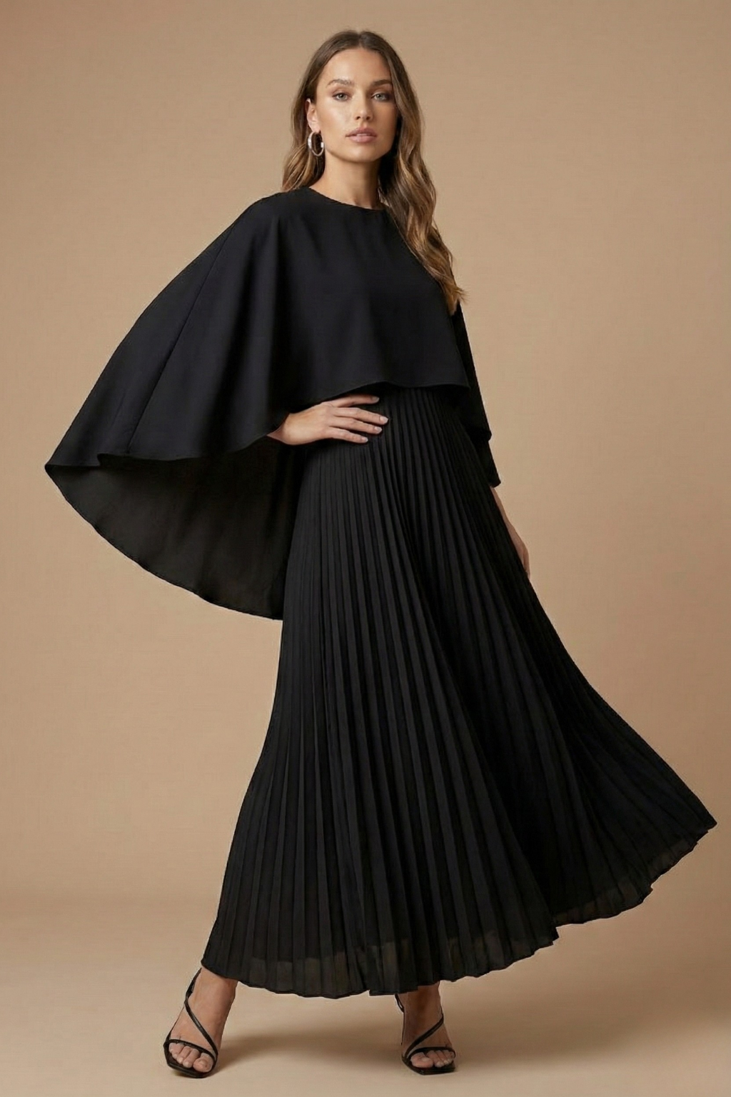 Women's Cape Sleeve Pleated Maxi Dress - Round Neck Floor Length