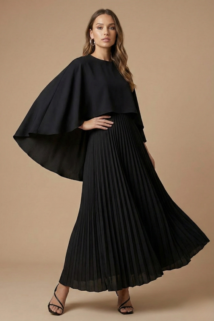 Women's Cape Sleeve Pleated Maxi Dress - Round Neck Floor Length