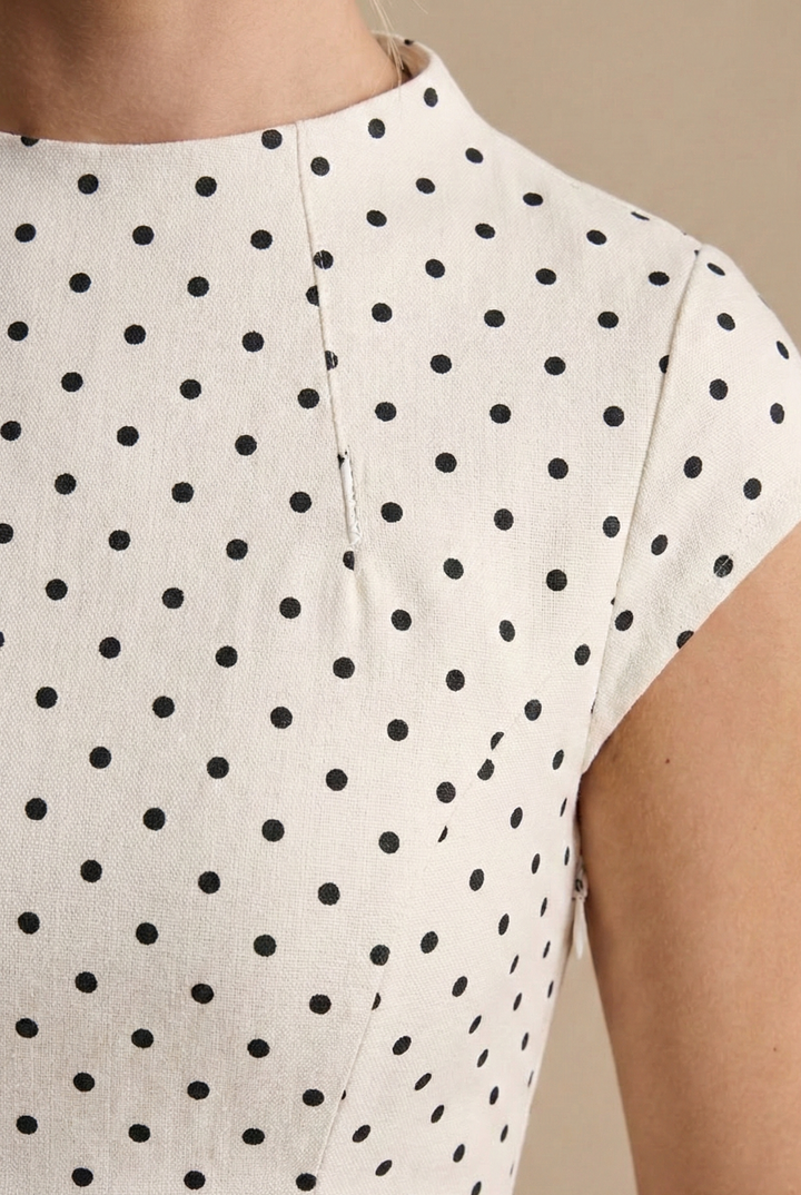 Women's Polka Dot Maxi Dress - High Neck Cap Sleeve - Full Skirt