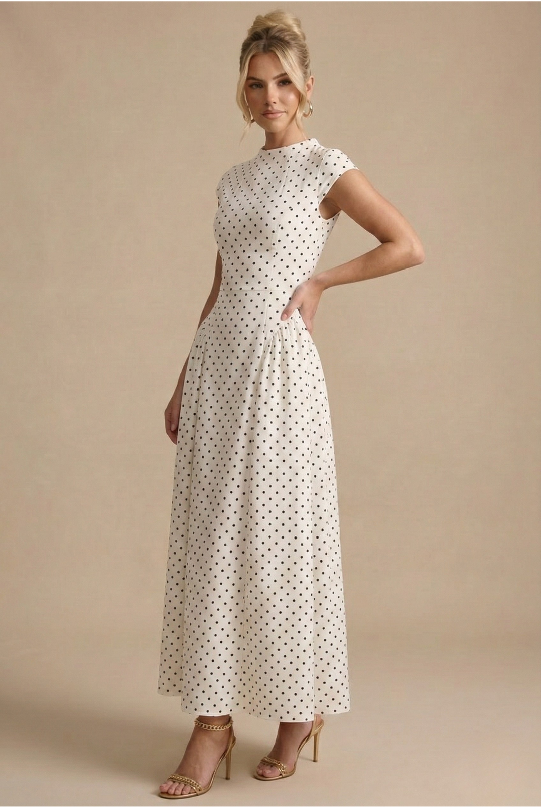 Women's Polka Dot Maxi Dress - High Neck Cap Sleeve - Full Skirt