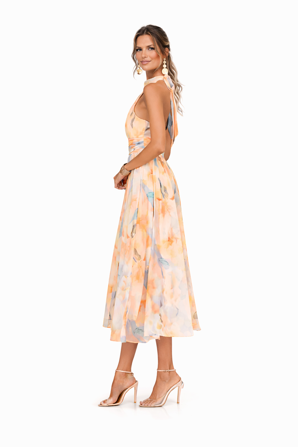 Women's Peach Floral Flowy Halter Neck Maxi Dress - Wedding Guest
