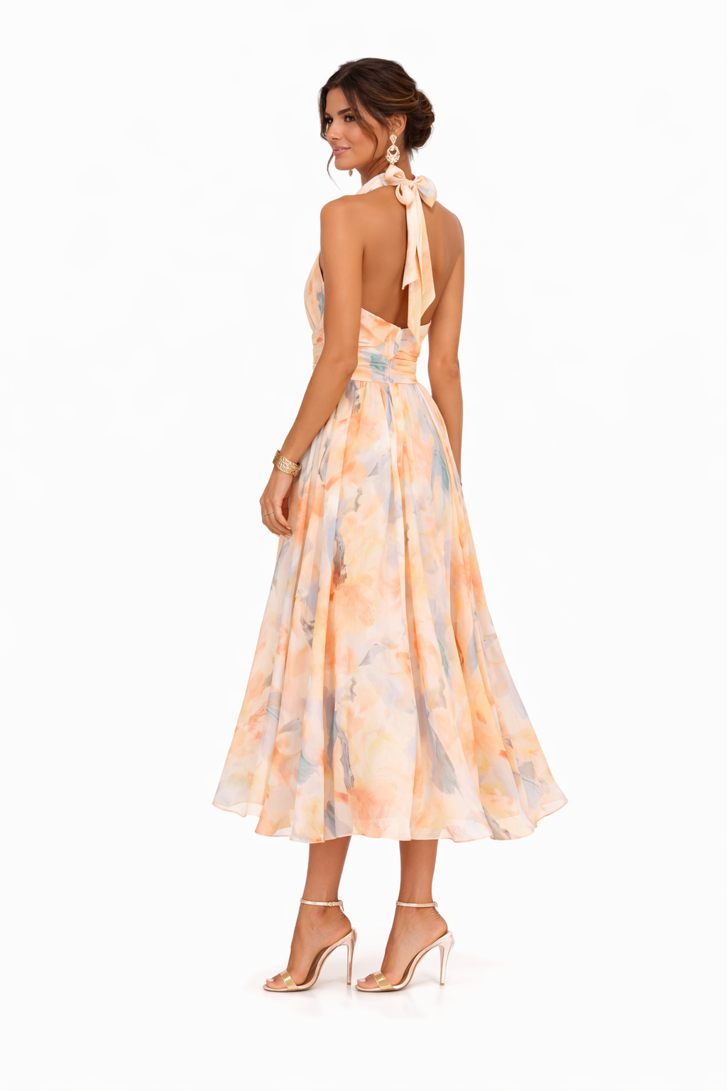 Women's Peach Floral Flowy Halter Neck Maxi Dress - Wedding Guest
