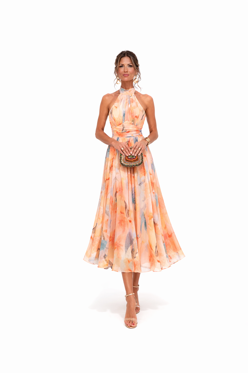 Women's Peach Floral Flowy Halter Neck Maxi Dress - Wedding Guest