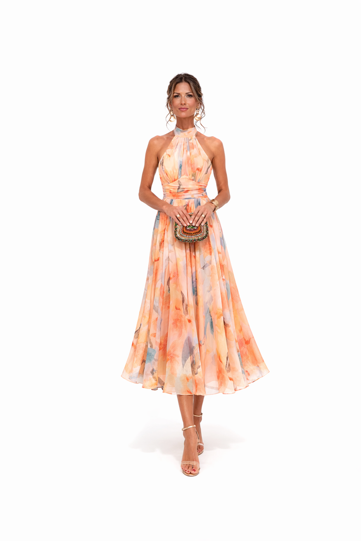 Women's Peach Floral Flowy Halter Neck Maxi Dress - Wedding Guest