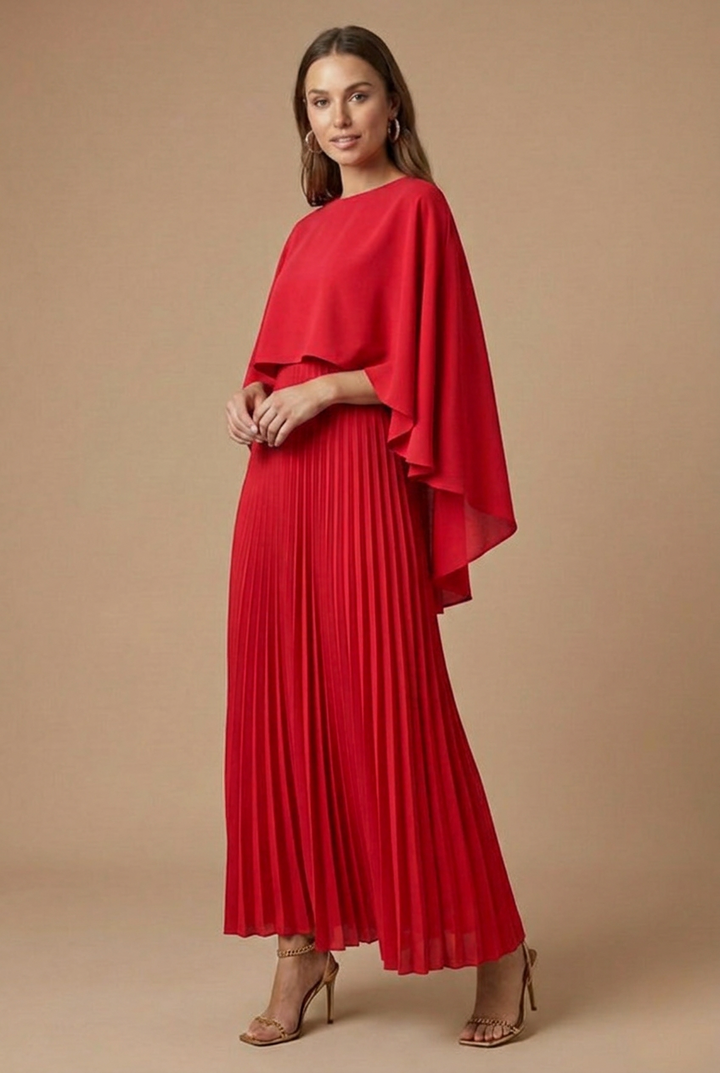 Women's Cape Sleeve Pleated Maxi Dress - Round Neck Floor Length