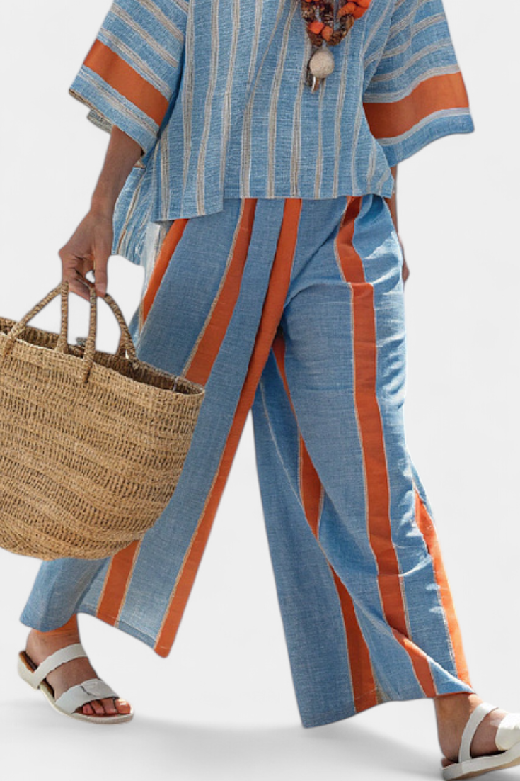 Women's Striped Two-Piece Set with Wide Leg Pants and Short Sleeve Top