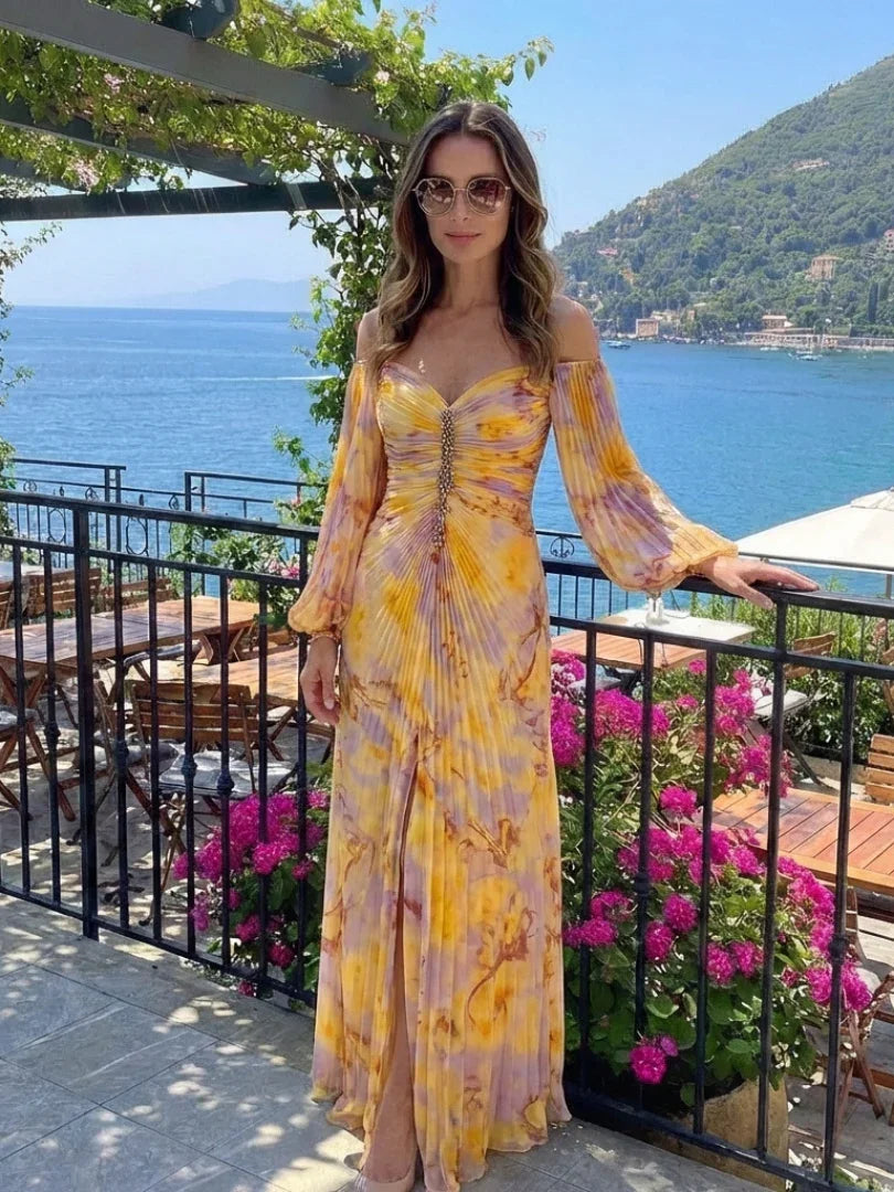 Eulalie | Off Shoulder Pleated Long Sleeve Maxi Dress