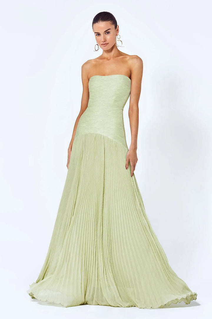 Women’s Strapless Pleated Maxi Dress with Fitted Bodice