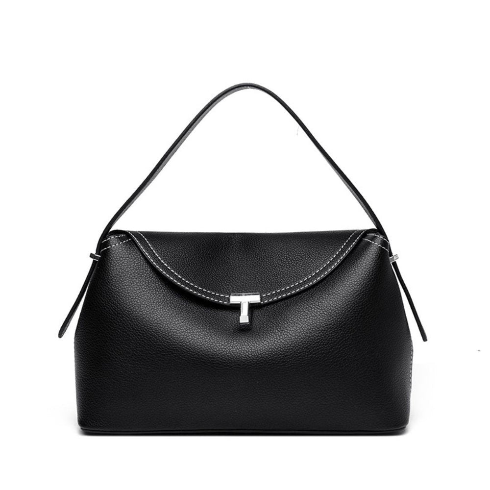Black handbag with a silver clasp on a white background