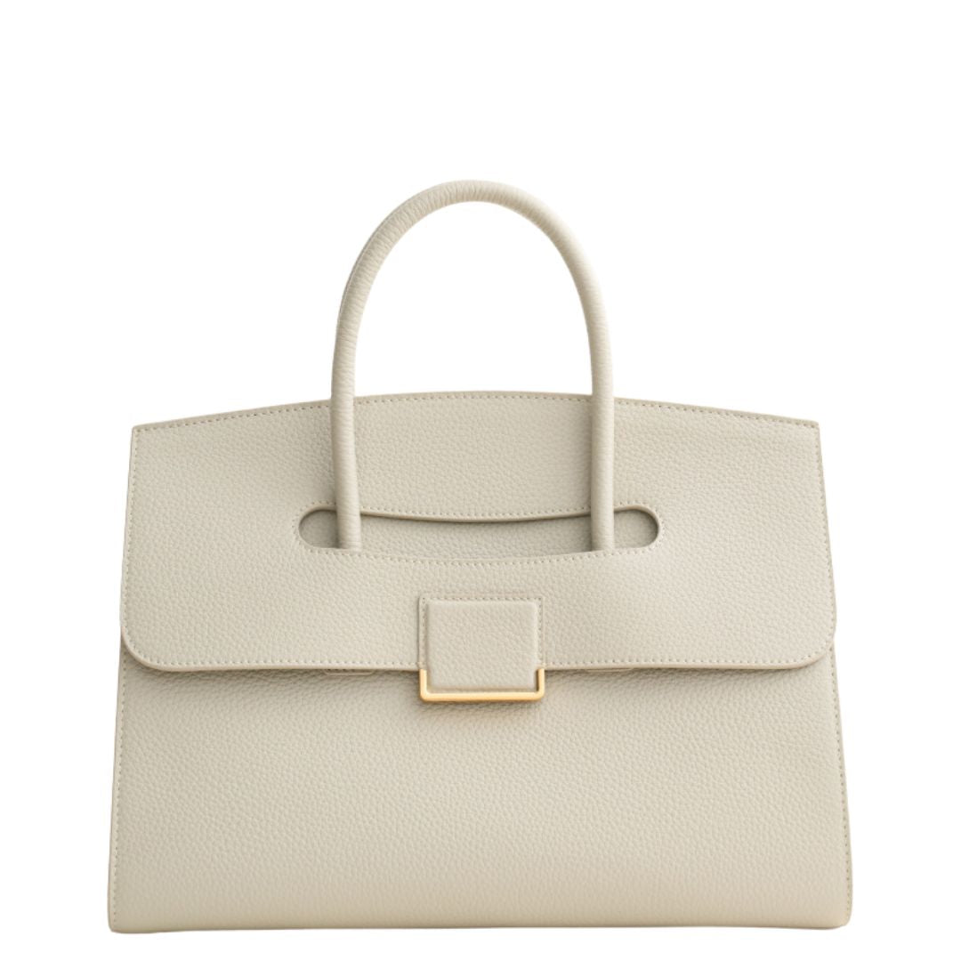 Beige handbag with a gold clasp on a white background
