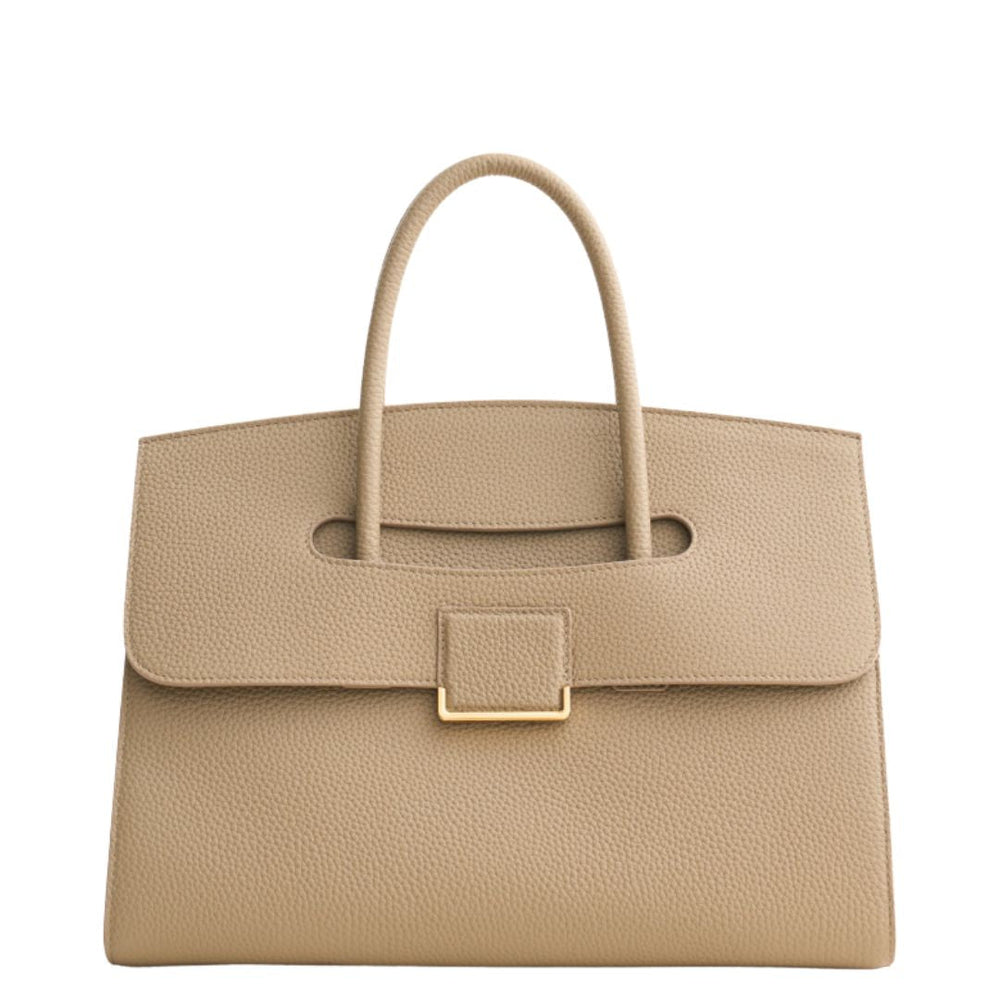 Beige handbag with a gold clasp on a white background