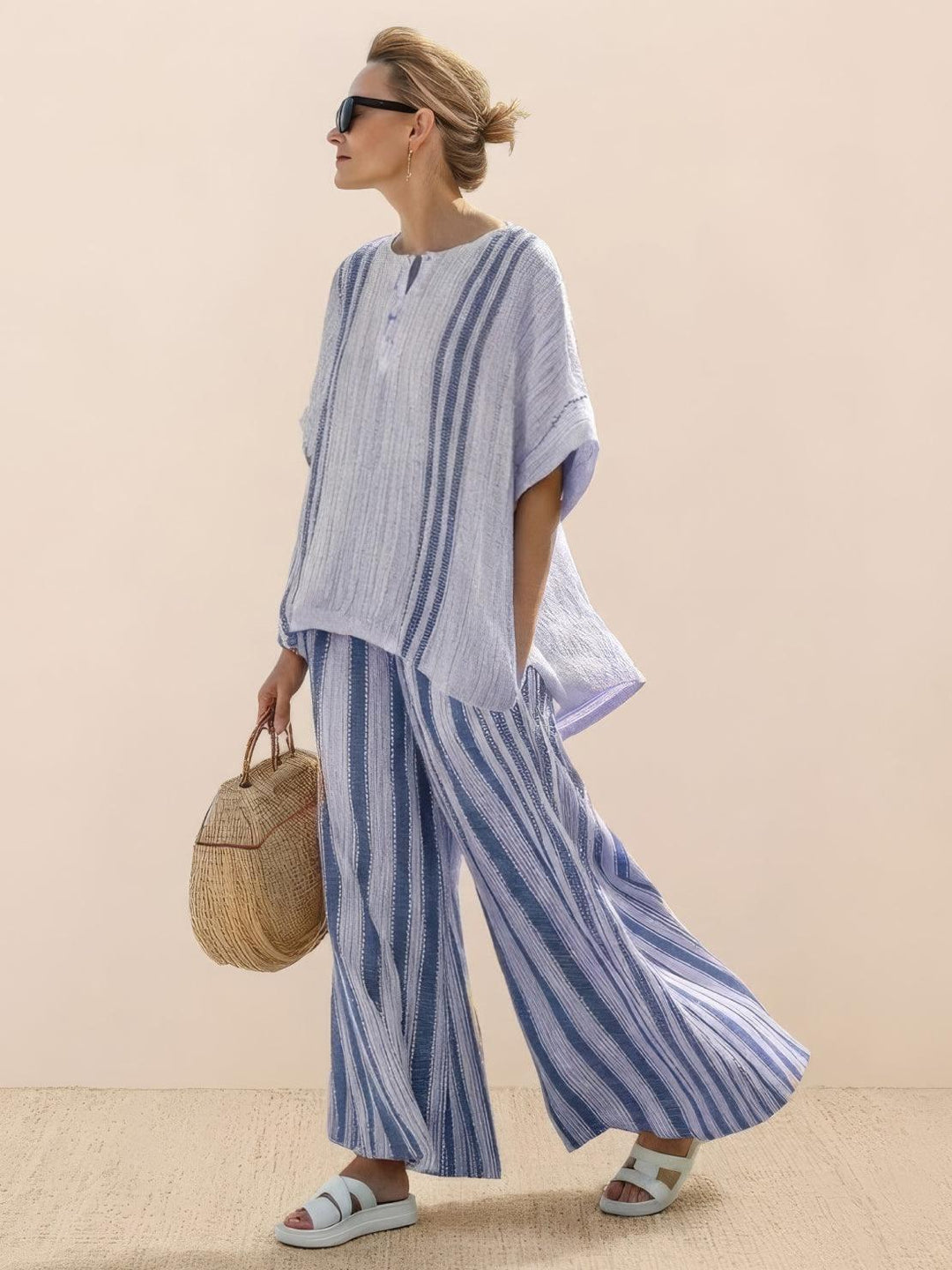 Women's Striped Two-Piece Set with Wide-Leg Trousers and Tee