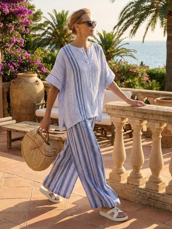 Women's Striped Two-Piece Set with Wide-Leg Trousers and Tee