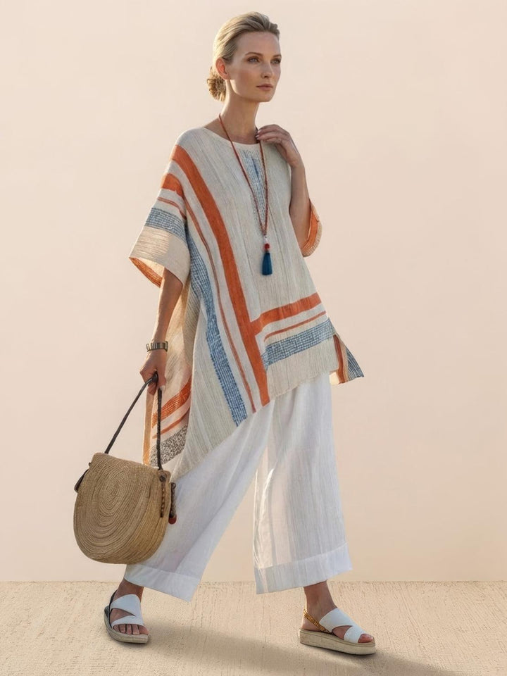 Women's Striped Two-Piece Set with Wide-Leg Trousers and Tee