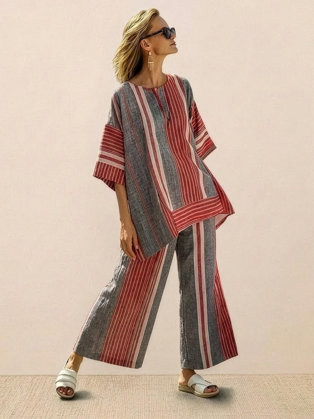 Women's Striped Two-Piece Set with Wide-Leg Trousers and Tee