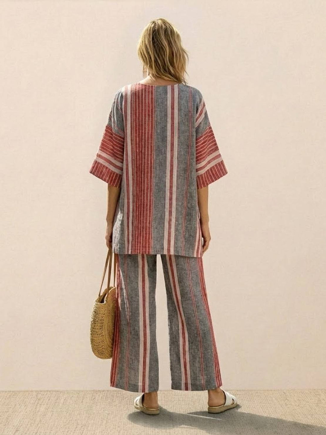 Women's Striped Two-Piece Set with Wide-Leg Trousers and Tee