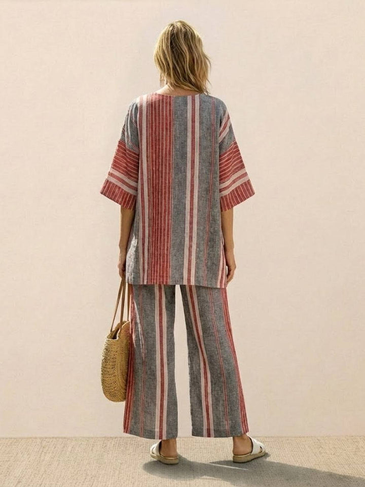 Women's Striped Two-Piece Set with Wide-Leg Trousers and Tee
