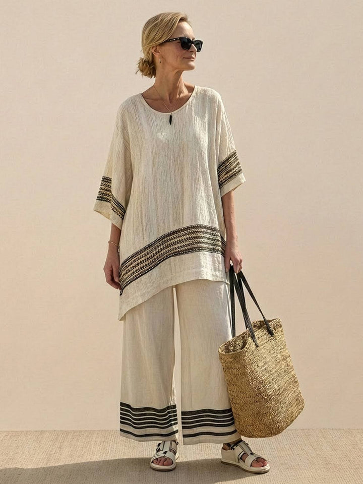 Women's Striped Two-Piece Set with Wide-Leg Trousers and Tee