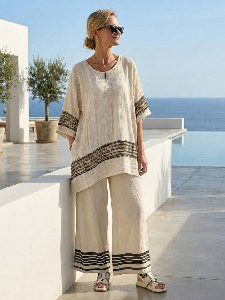 Women's Striped Two-Piece Set with Wide-Leg Trousers and Tee