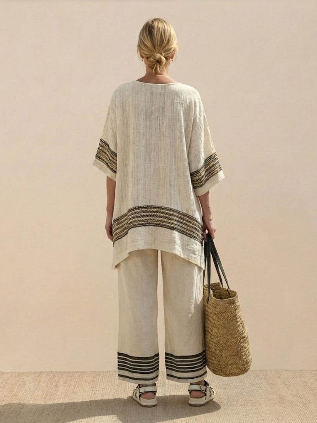 Women's Striped Two-Piece Set with Wide-Leg Trousers and Tee