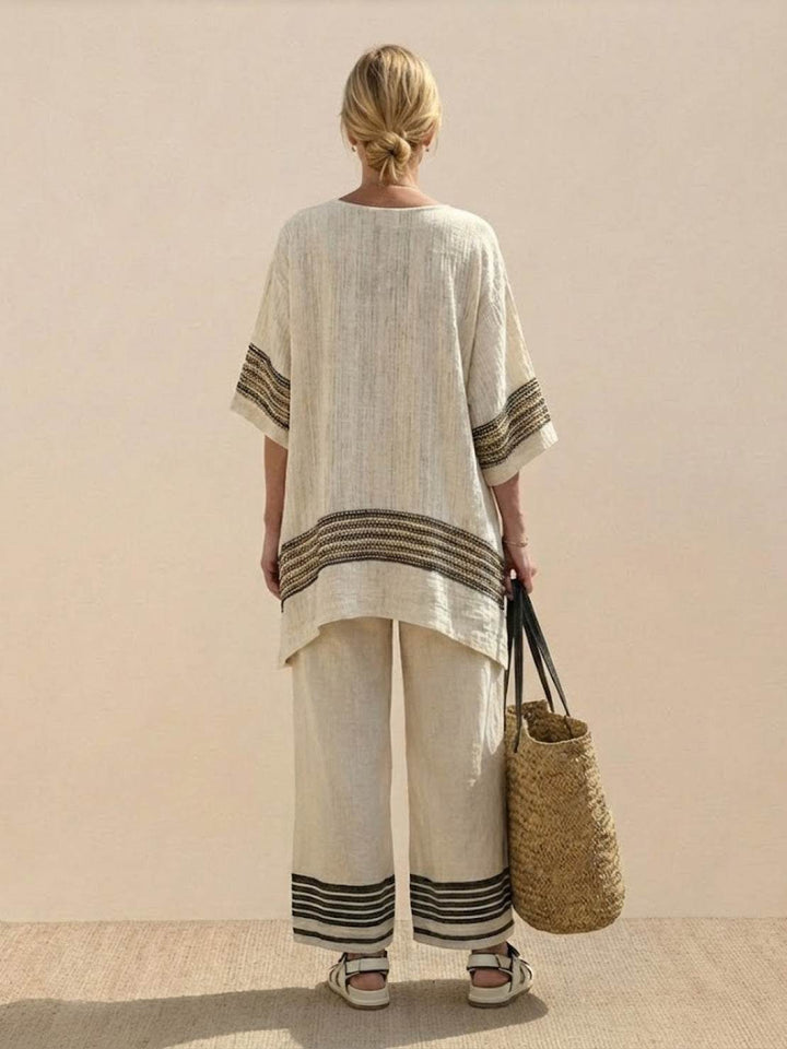 Women's Striped Two-Piece Set with Wide-Leg Trousers and Tee