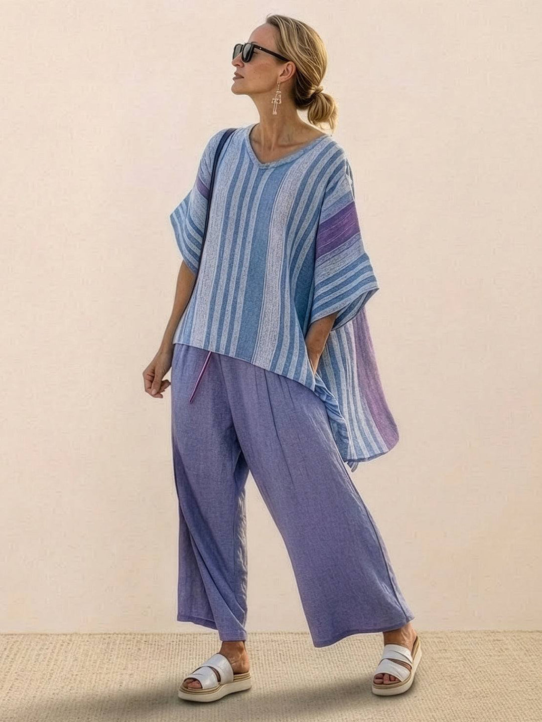 Women's Striped Two-Piece Set with Wide-Leg Trousers and Tee