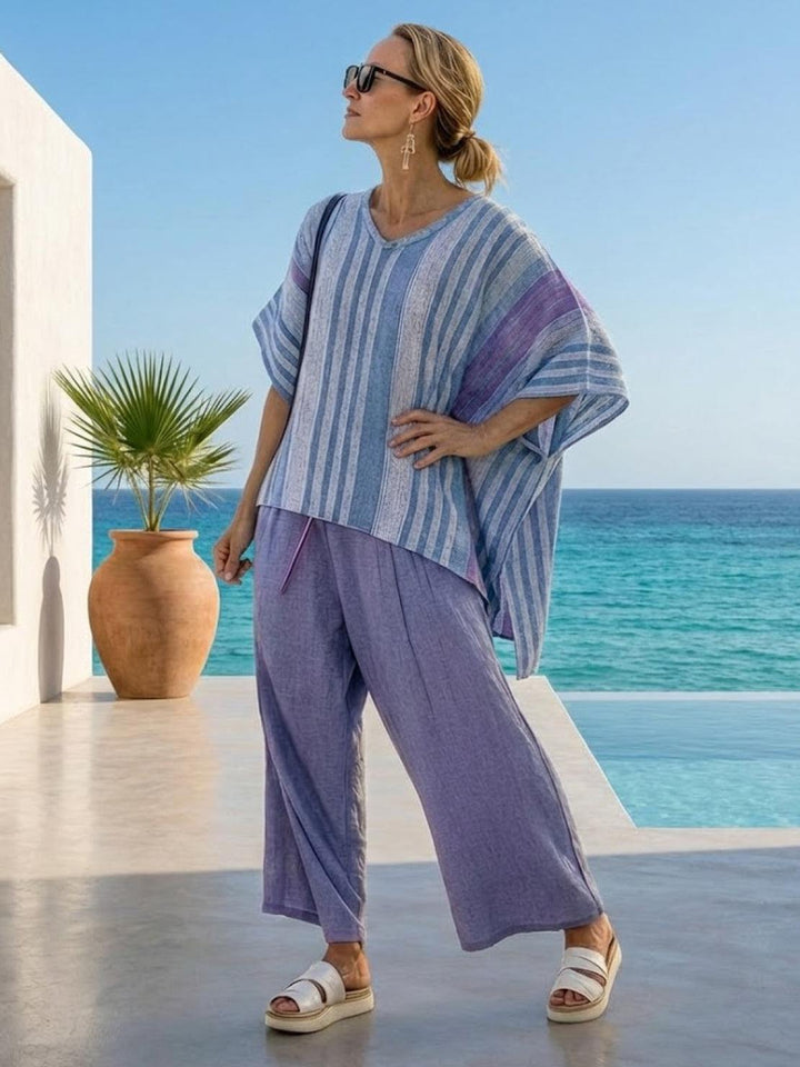 Women's Striped Two-Piece Set with Wide-Leg Trousers and Tee
