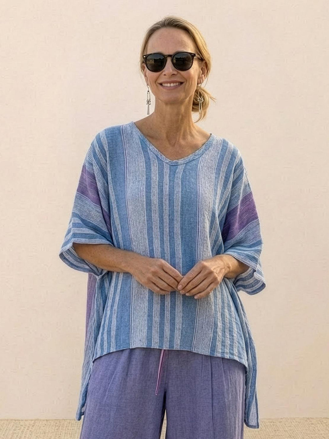 Women's Striped Two-Piece Set with Wide-Leg Trousers and Tee