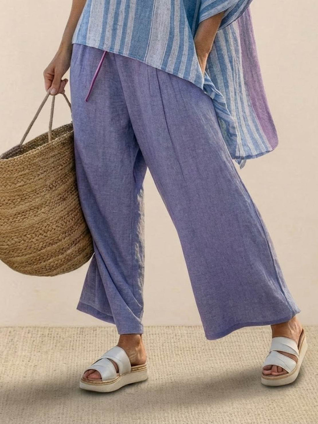Women's Striped Two-Piece Set with Wide-Leg Trousers and Tee