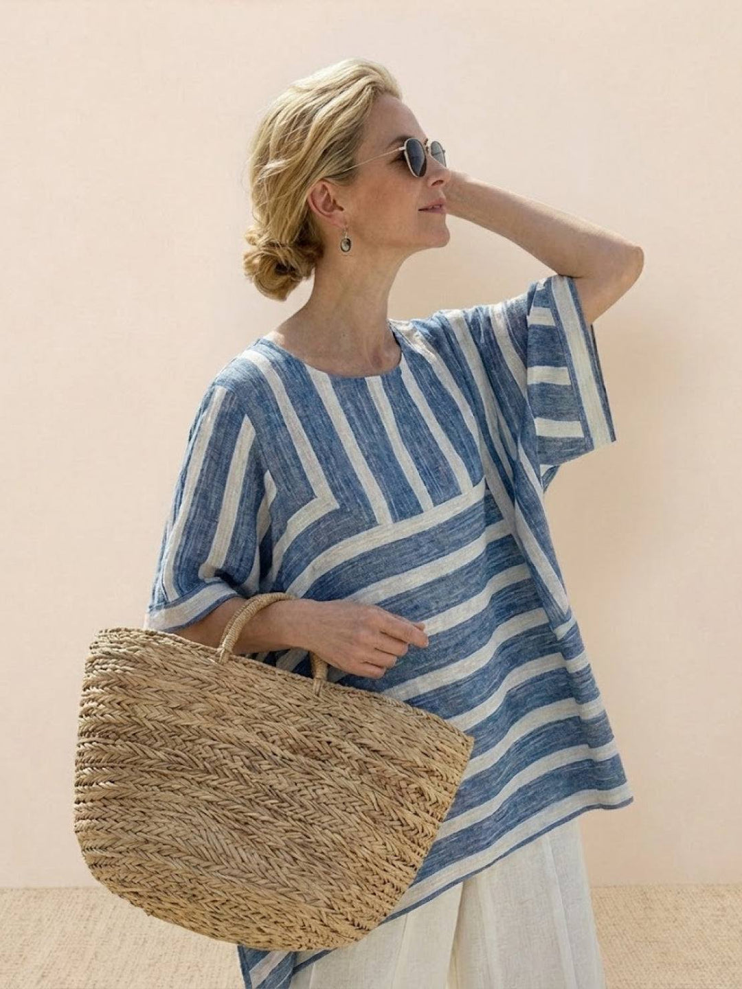 Women's Striped Two-Piece Set with Wide-Leg Trousers and Tee