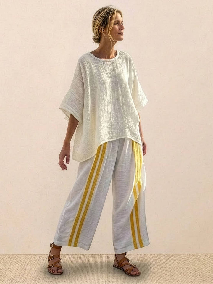 Women's Striped Two-Piece Set with Wide-Leg Trousers and Tee