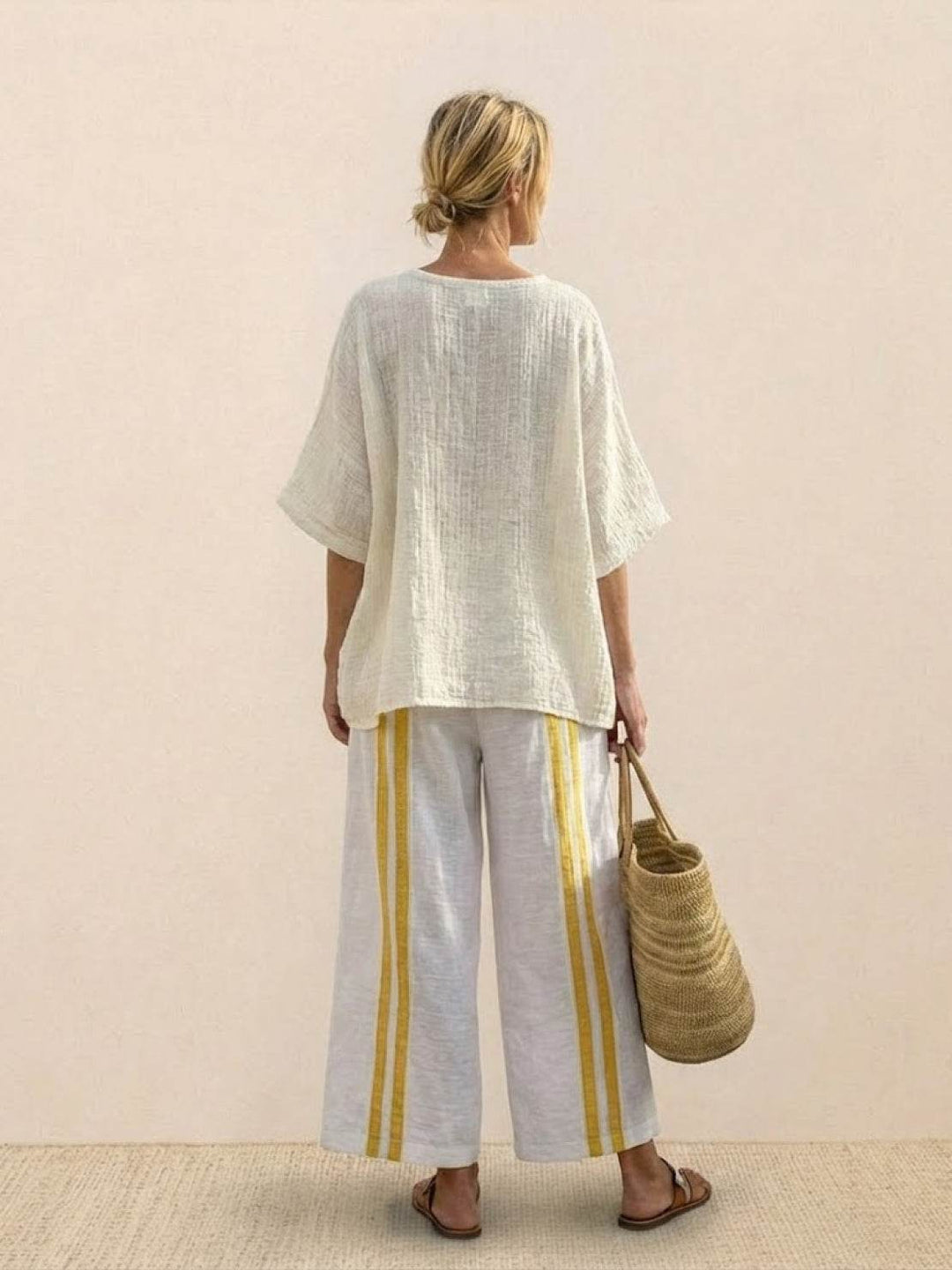 Women's Striped Two-Piece Set with Wide-Leg Trousers and Tee
