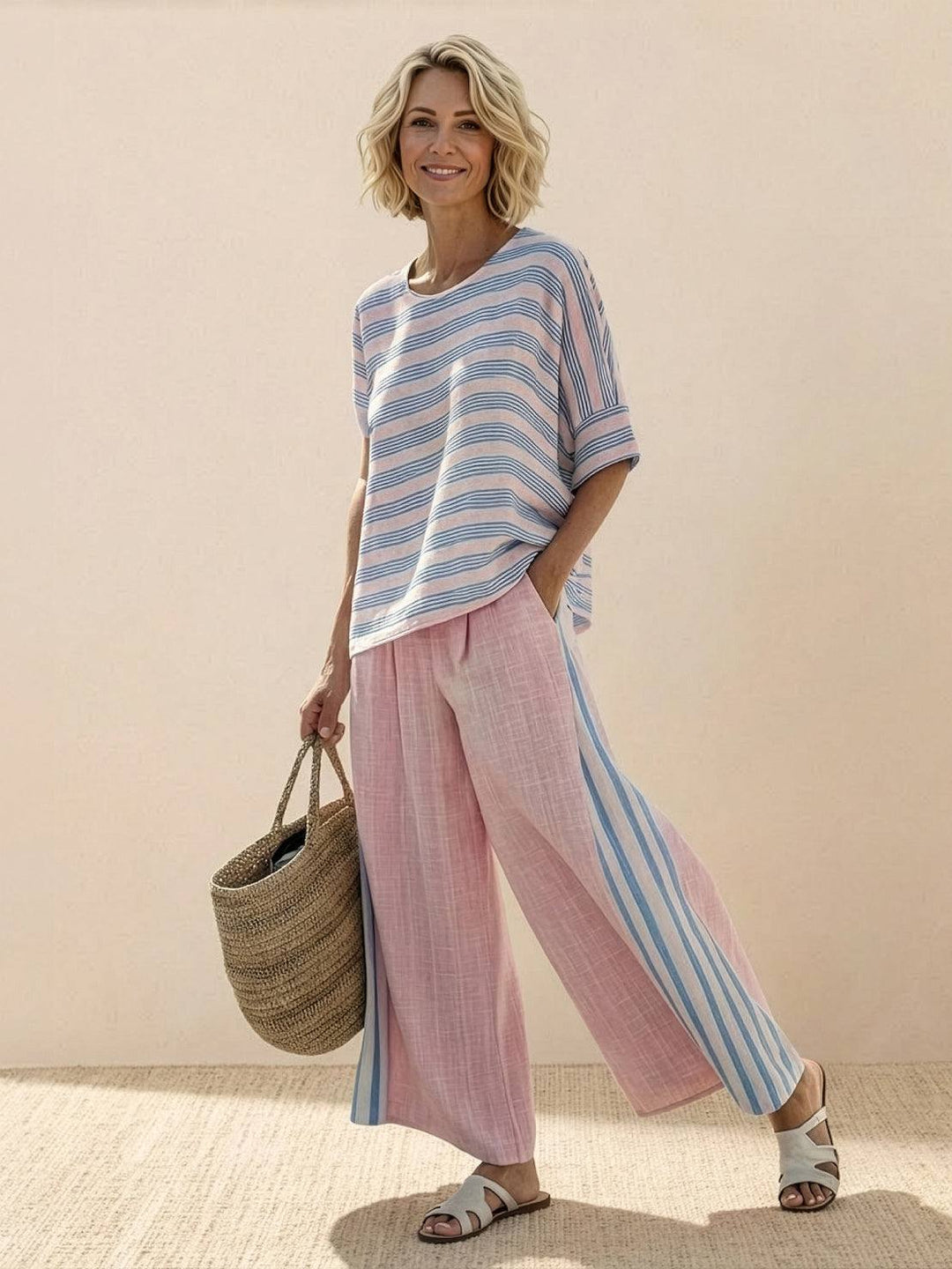 Women's Striped Two-Piece Set with Wide-Leg Trousers and Tee